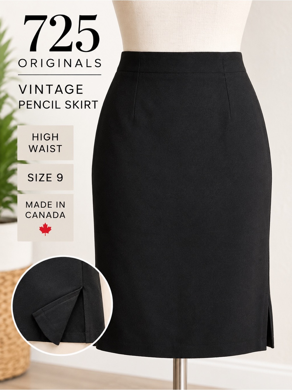 725 Originals Vintage Black Pencil Skirt High Waist Size 9 Made in Canada